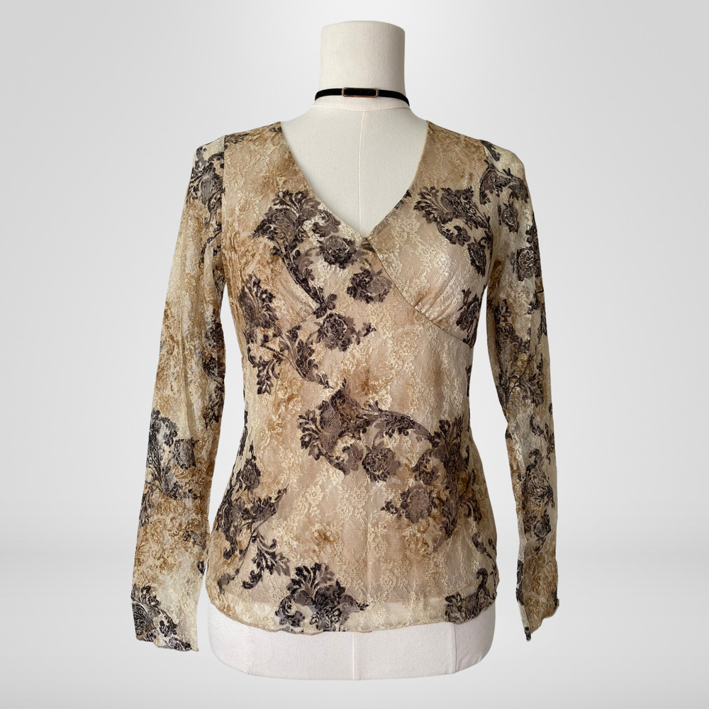 Axcess Womens Y2K Babydoll Top Size Small‎ Fairy Whimsigoth Floral Lace Coquette
